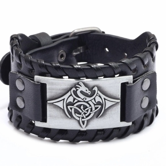 Men's Style Alloy Totem Charm Braided Leather Bracelet Wide Wristband - Picture 6 of 7